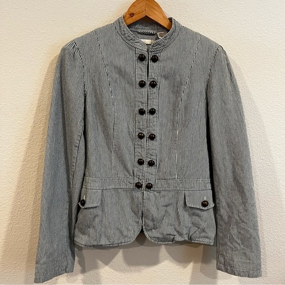 R blue and white stripe cotton denim chambray military jacket size 4 - Picture 1 of 12